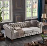 Goldoma Chesterfield Sectional Sofa in light grey linen fabric with memory foam filling and wood legs