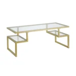 Goldoma 45-inch gold glass and steel coffee table with two shelves in a modern living room