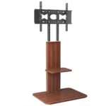 Goldoma height adjustable floor TV stand for 32-65 inch TVs with black steel frame and brown wood shelves, featuring cable management and lockable wheels