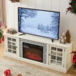 Goldoma 70 inch modern TV stand with electric fireplace and storage cabinet in warm oak black finish