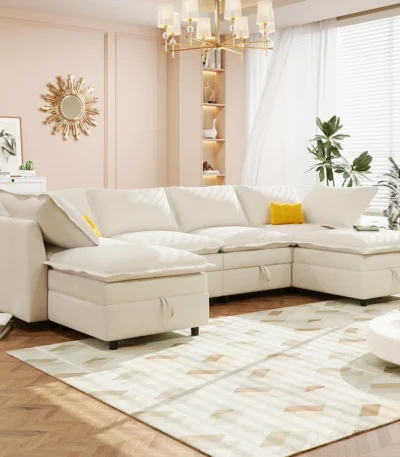 Goldoma 6-Piece Modular Sofa Bed with Storage – modern living room setup with double-layer faux cushions, convertible to bed
