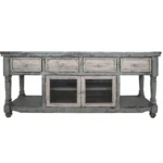 Goldoma 70" Blue and White Distressed Solid Wood TV Stand with Open Shelving – side view