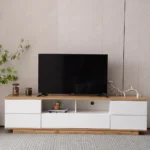 Goldoma Modern TV Stand for TVs up to 80" with Multi-Functional Storage and Door Rebound Device - White and Natural – angled