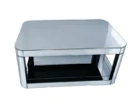 Goldoma lift top coffee table with baked curved mirror surface and wood frame in a modern living room