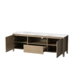 Goldoma 58-inch faux marble TV stand with wooden cabinets and open shelves for storage
