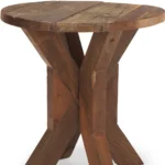 Rustic end table 26 inch reclaimed wood with distressed brown finish and X-style pedestal base in living room