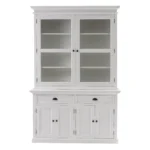 White solid wood dining hutch with glass doors and drawers in a modern dining room