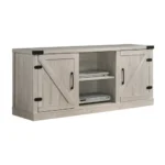 Goldoma Mid-Century Double Barn Door TV Stand in stone grey for 55-59 inch TVs with sliding doors and storage