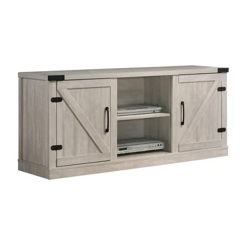 H972041c837b043e7b26ae69ec4c609501.webp Goldoma Mid-Century Double Barn Door TV Stand in stone grey for 55-59 inch TVs with sliding doors and storage