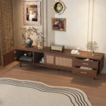 Goldoma adjustable TV stand for 80 inch TV with sliding doors and drawers in modern mid-century wood design