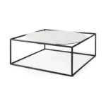 Goldoma 36 inch genuine marble coffee table with white marble top and black metal base in a modern living room setting