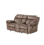 Goldoma velvet reclining loveseat with tufted back and storage armrests in a modern living room