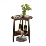 Solid beech wood nightstand with lower shelf - round modern end table for small spaces