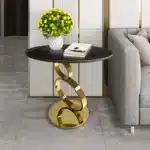 Goldoma 21" Black and Gold Stone Round Pedestal End Table with Stainless Steel Base – top view
