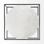 Goldoma 36 inch genuine marble coffee table with white marble top and black metal base in a modern living room setting
