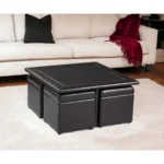 Goldoma coffee table and storage ottoman set with wood-grain veneer tabletop and dark brown faux leather ottomans