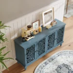 60-inch solid wood antique buffet cabinet with floral carvings and antique brass handles in Antique Blue finish