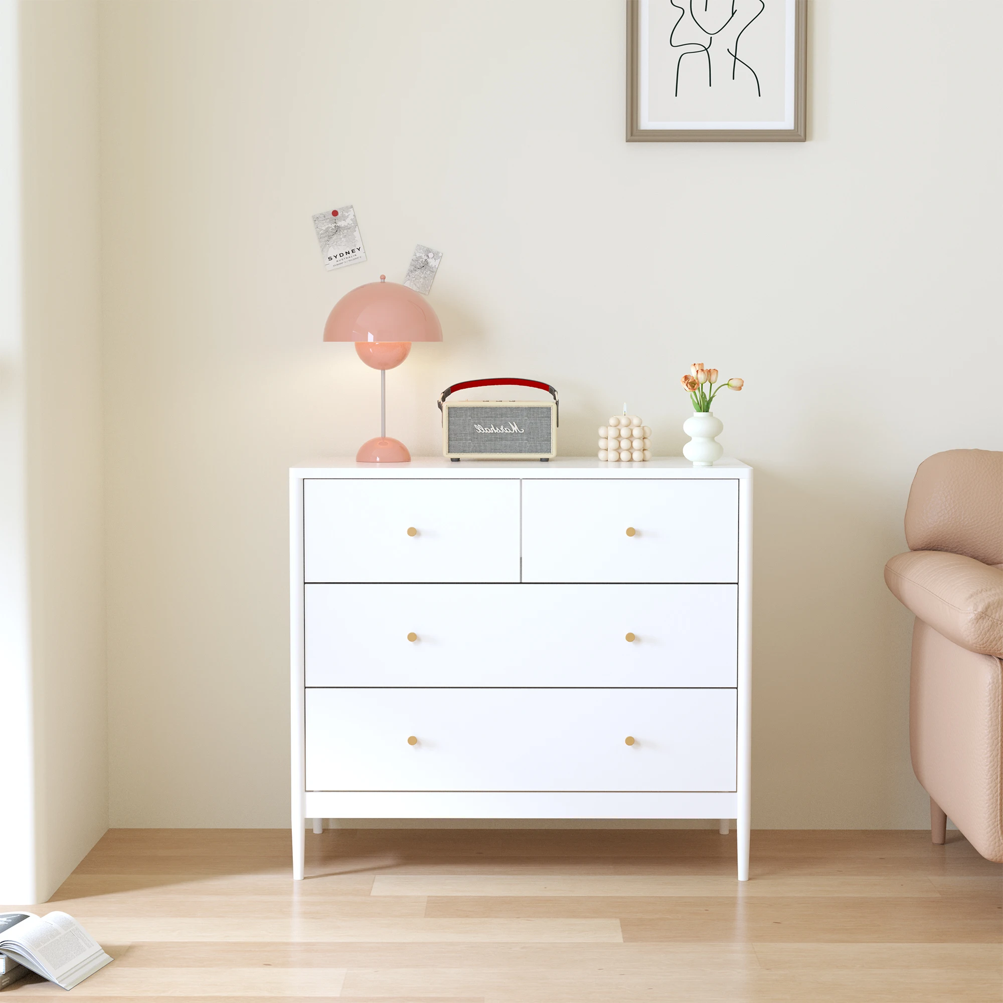 Goldoma White 4-Drawer Kids Dresser with Lighted Mirror - Solid Wood Storage for Nursery & Bedroom