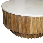 Goldoma 42 inch round marble coffee table with genuine ivory marble top and natural solid wood ribbed base in a modern living room