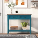 Goldoma farmhouse console table with storage drawers in rustic blue finish, perfect for entryway organization