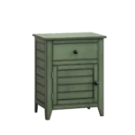 Antique green nightstand with drawer and cabinet in a cozy bedroom setting