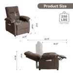 160° Manual Push Back Recliner, 8-point Massage & Heating, Chenille Fabric with Remote & Side Pockets, for Living Room, Brown - Image 6