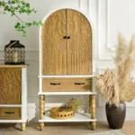 Goldoma solid wood tall sideboard cabinet in vintage white with carved door, drawer, shelf for farmhouse living room storage
