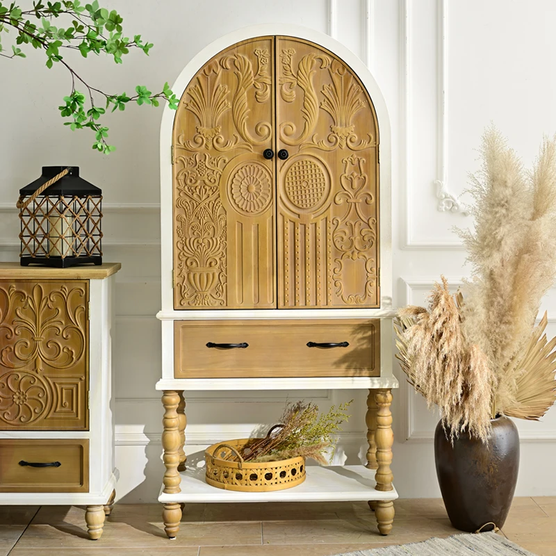 H9aad2bc9c3a344258234e8ca93345bb9e.webp Goldoma solid wood tall sideboard cabinet in vintage white with carved door, drawer, shelf for farmhouse living room storage