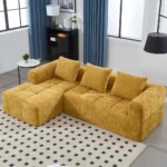 Modern L-shaped sectional sofa with chaise lounge in beige chenille fabric featuring deep seating and side pocket