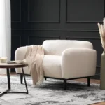 Goldoma 50-inch bouclé loveseat sofa in white upholstery with black wood legs, perfect for small living rooms