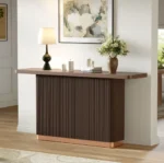 Goldoma solid wood console table with open shelves in a modern entryway