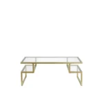 Goldoma 45-inch gold glass and steel coffee table with two shelves in a modern living room