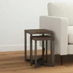 Goldoma brown solid wood square end table in living room with lamp and decor