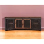 Goldoma 79-inch black distressed solid wood TV stand with enclosed storage and cable management
