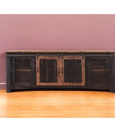Goldoma 79-inch black distressed solid wood TV stand with enclosed storage and cable management
