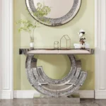 Goldoma modern console table with adjustable height in solid oak and tempered glass, perfect for entryway decor