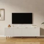 Mid-century wood TV stand for 60-64 inch TVs with metal frame and adjustable shelves in a living room