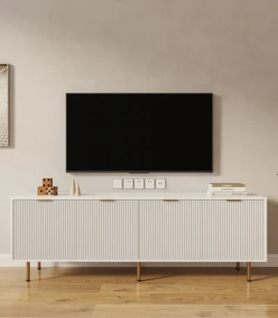 Mid-century wood TV stand for 60-64 inch TVs with metal frame and adjustable shelves in a living room