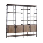 Goldoma 90-inch tall bookcase brown metal and wood shelves with lower cabinets in a living room