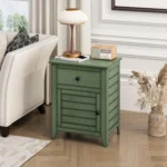 Antique green nightstand with drawer and cabinet in a cozy bedroom setting