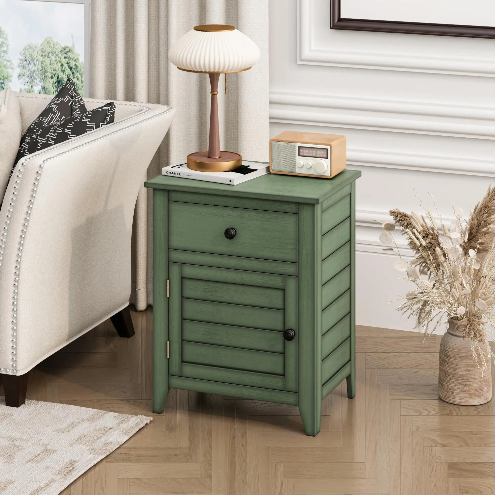 H9dd38daf74ac4fe38f1ba0c65860daf1J.webp Antique green nightstand with drawer and cabinet in a cozy bedroom setting