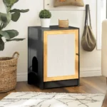 Goldoma Light Oak Cat Litter Box Enclosure with Sisal Scratching Door – styled in a modern Living Room Tables setting