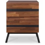 Black and brown wood and iron end table with two drawers in a living room setting