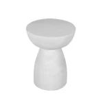 Goldoma 22 inch white distressed solid wood round end table with hand-carved pedestal base in a living room setting