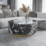 Modern marbling coffee table with drawer in a living room setting