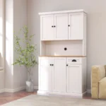 Modern pantry cabinet 71 inch with solid wood panel microwave countertop and six doors in white finish for kitchen storage organization