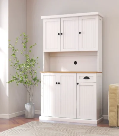 Modern pantry cabinet 71 inch with solid wood panel microwave countertop and six doors in white finish for kitchen storage organization
