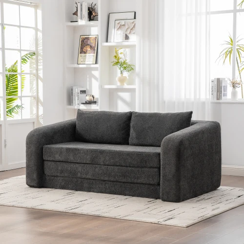H9e96556ce66e4d4787e6581878caaf938.webp Soft chenille loveseat sofa bed with convertible armrest and backrest in modern tufted design