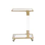 Modern c shape glass side table with chrome base and acrylic accents sliding under sofa in living room