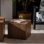 Vintage boho nesting coffee table set in warm brown solid wood with two tables nested